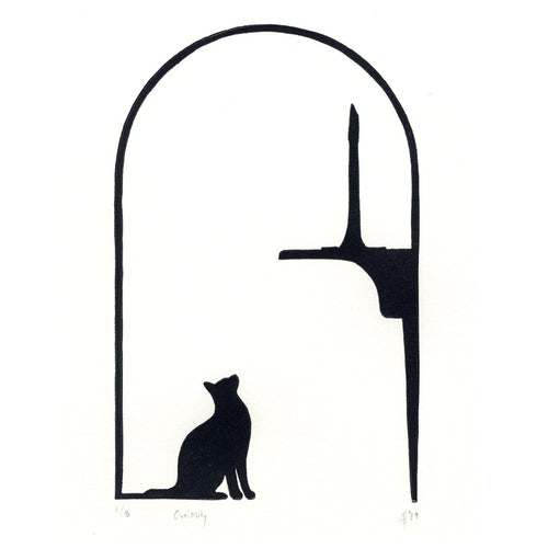 Curiosity Cat Clarinet Linocut Art Print