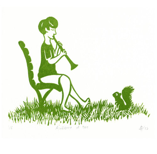 Audience of One Squirrel Clarinet Linocut Art Print