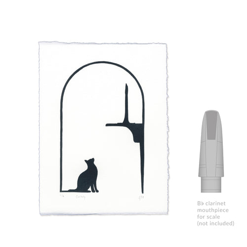 Curiosity Cat Clarinet Linocut Art Print size comparison