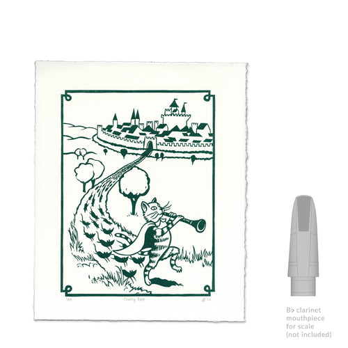 Cruelty Free Cat Clarinet Linocut Art Print size comparison