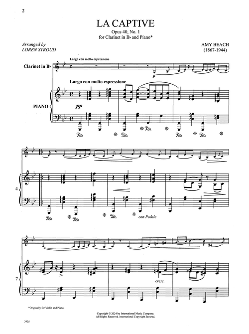 Beach La Captive, Op. 40 No. 1 clarinet and piano arrangement score