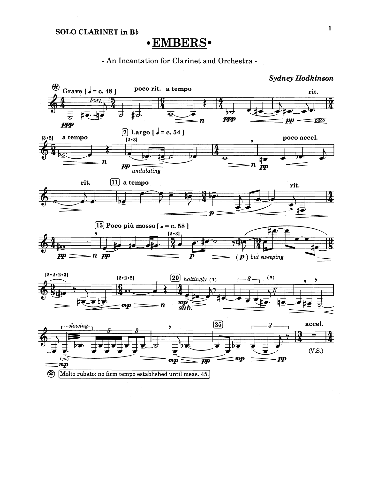 Hodkinson, Sydney_Embers: An Incantation (solo part) Hodkinson Embers: An Incantation clarinet concerto (solo part) page 1