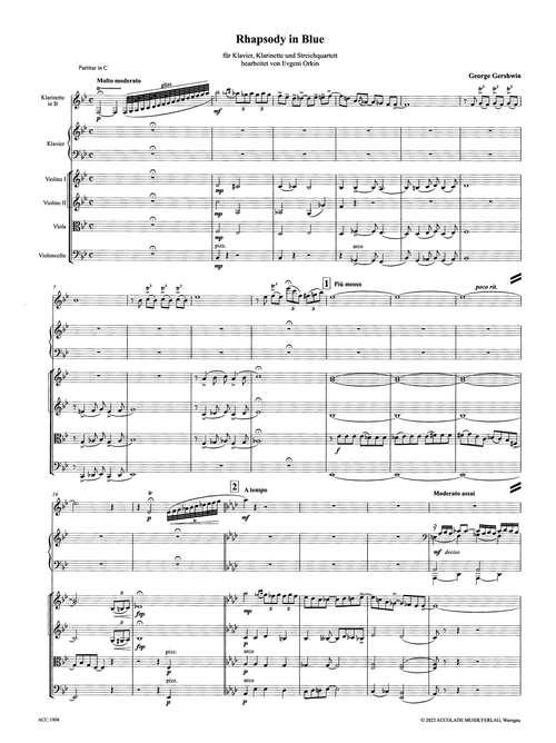 Gershwin Rhapsody in Blue piano clarinet string quartet arrangement Orkin score