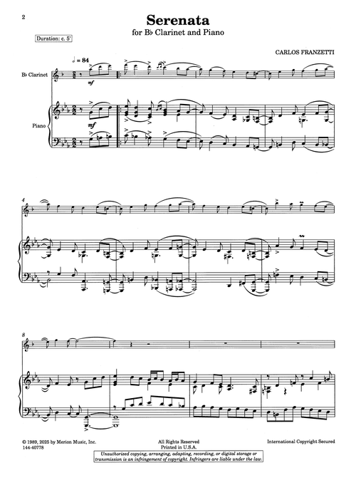 Carlos Franzetti Serenata clarinet & piano score