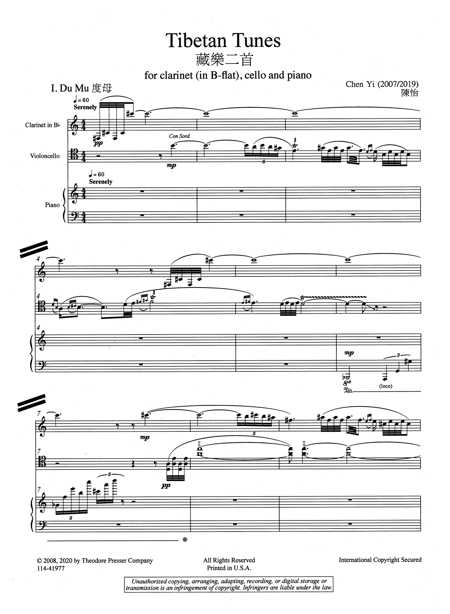 Chen, Yi_Tibetan Tunes Chen Yi Tibetan Tunes clarinet cello piano trio - Movement 1