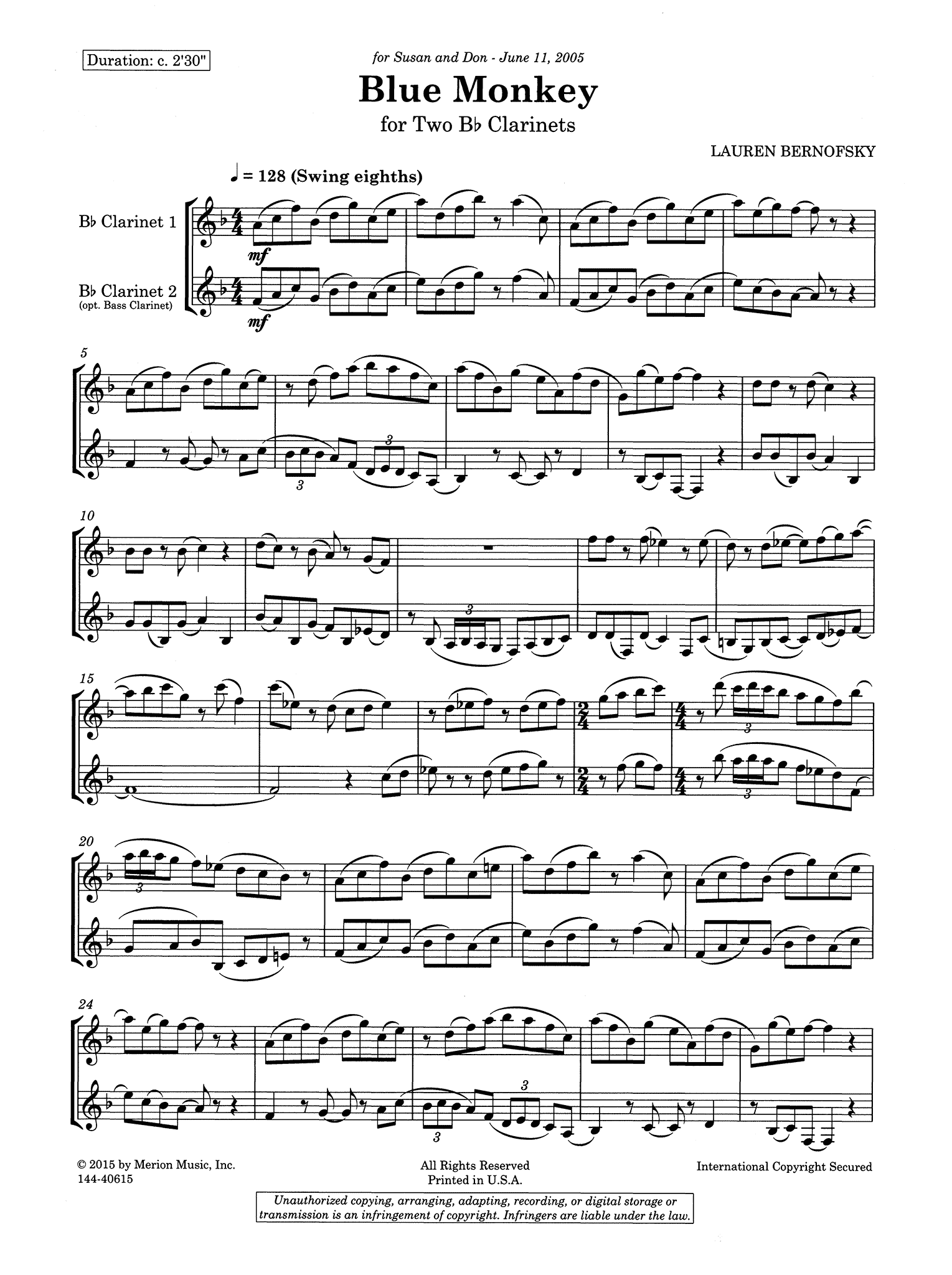 Bernofsky, Lauren_Blue Monkey Bernofsky Blue Monkey clarinet duet page 1