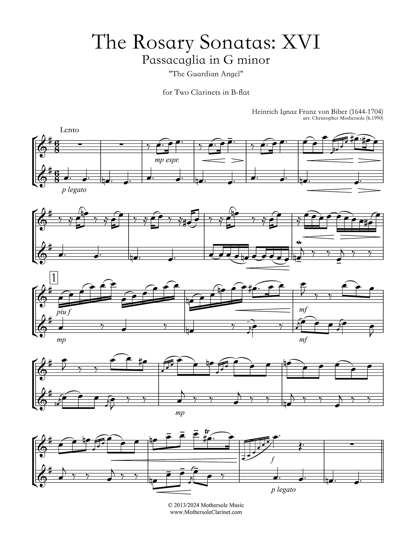 Biber, Heinrich Ignaz Franz_Passacaglia in G Minor, from the Rosary Sonatas, No. 16 Biber Passacagalia in G Minor, from Rosary Sonatas, No. 16 clarinet duet arrangement Mothersole page 1