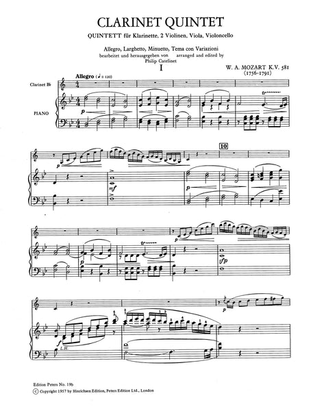 Mozart: Clarinet Quintet, K. 581 for B-flat Clarinet & Piano