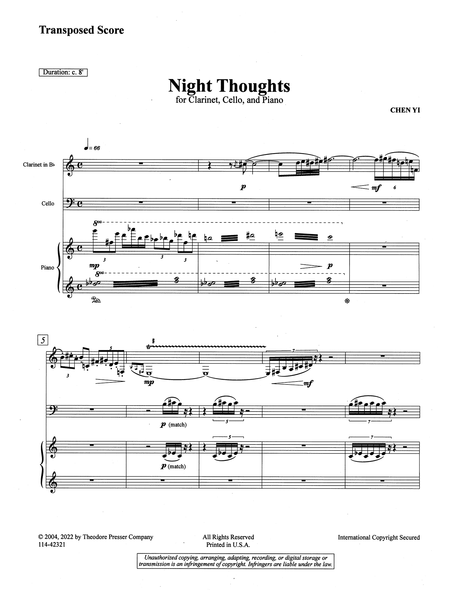 Chen, Yi_Night Thoughts Chen Yi Night Thoughts clarinet cello piano trio score