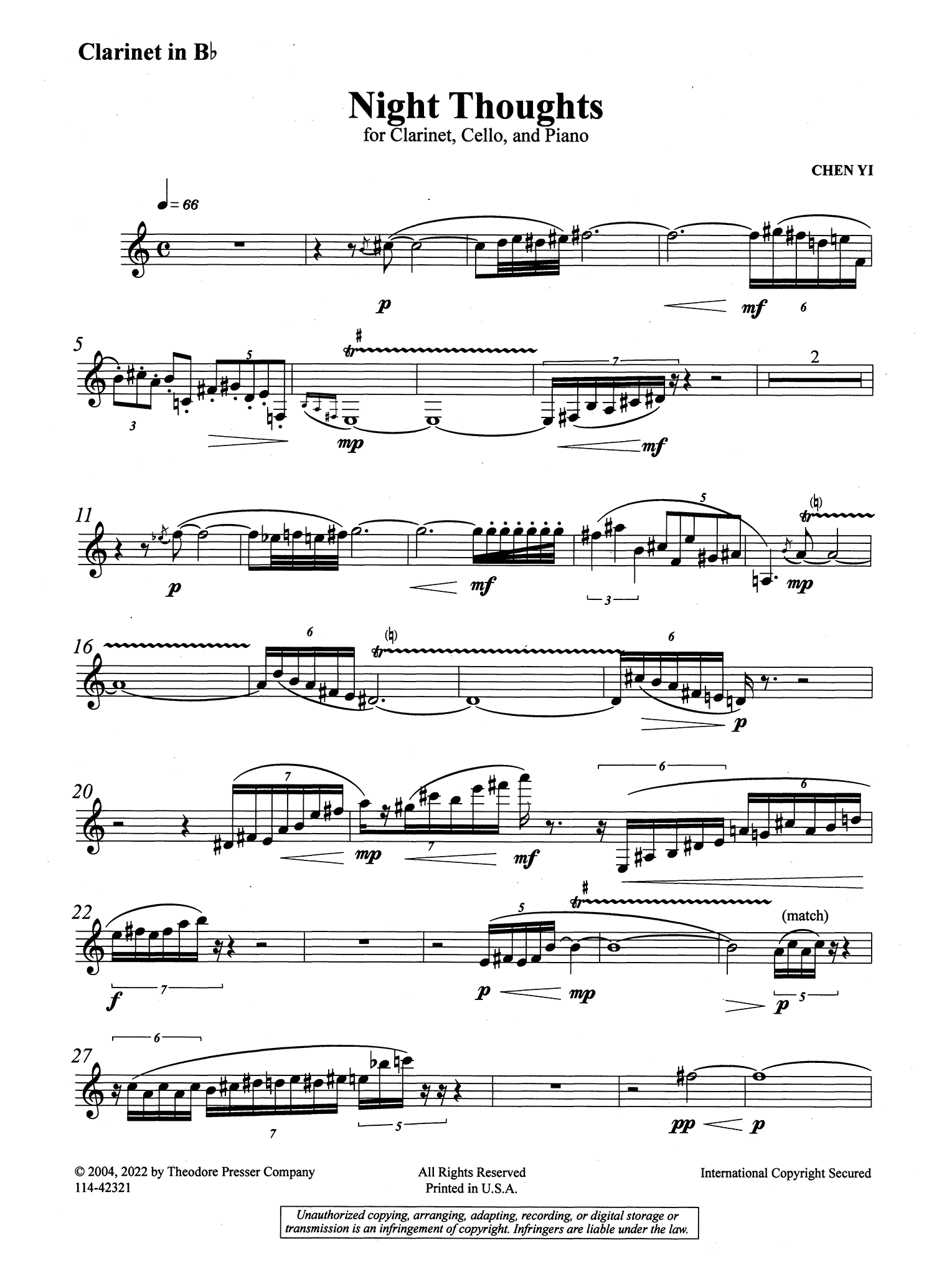 Chen, Yi_Night Thoughts Chen Yi Night Thoughts clarinet part