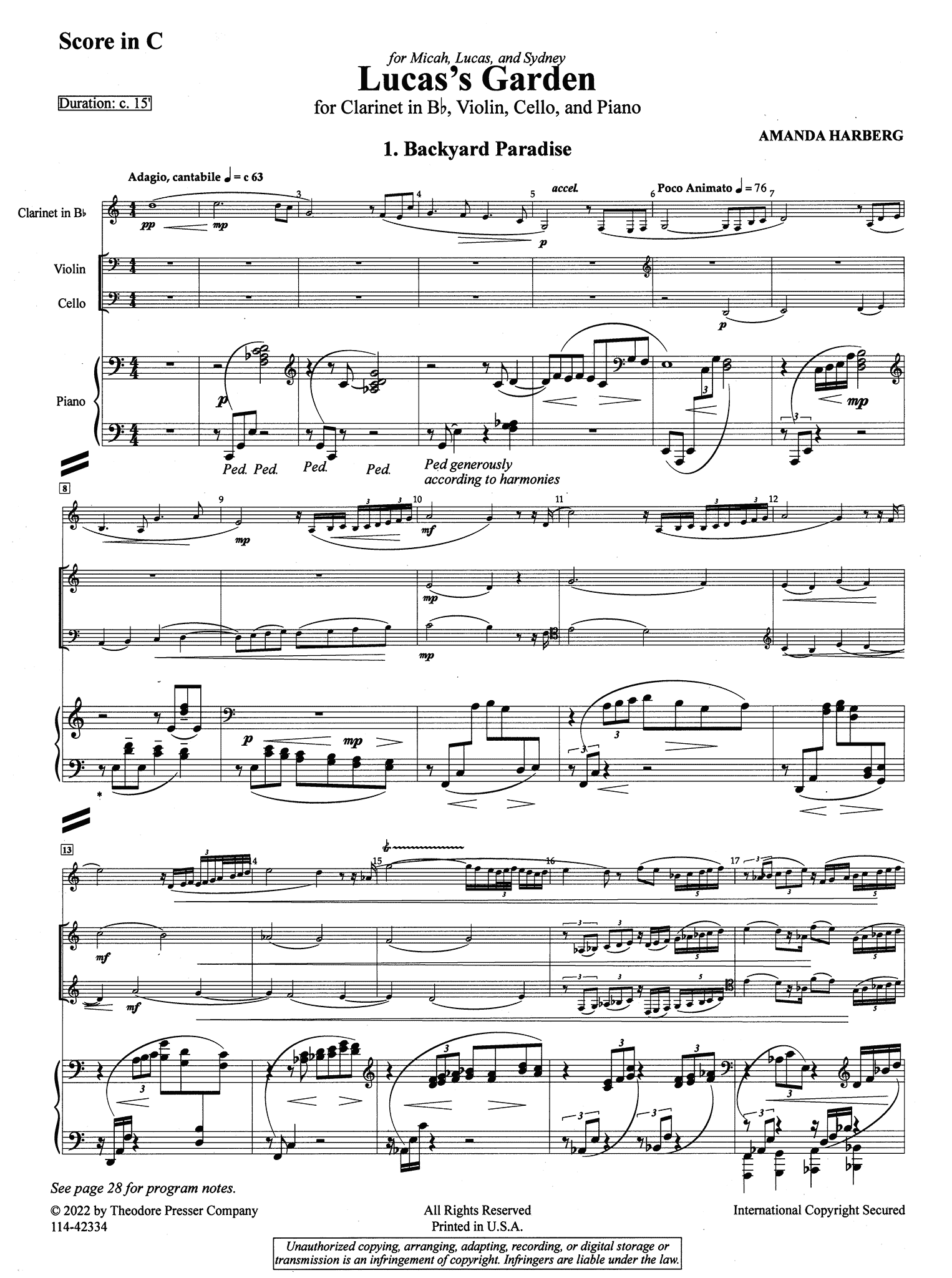 Harberg, Amanda_Lucas’s Garden Harberg Lucas’s Garden clarinet violin cello piano quartet - Movement 1