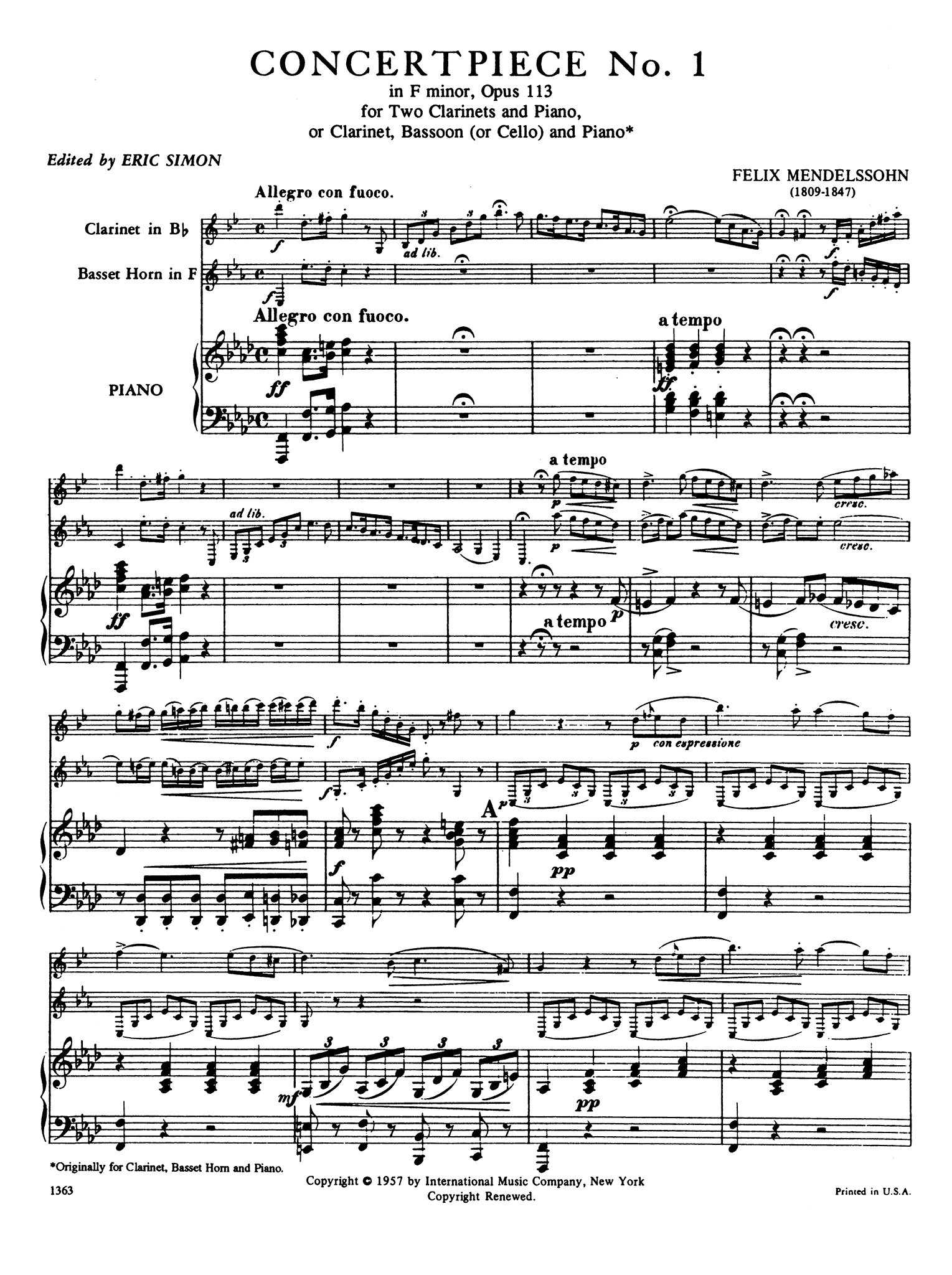 Mendelssohn, Felix_Konzertstück No. 1 in F Minor, Op. 113 Concertpiece No. 1 in F Minor, Op. 113 Score
