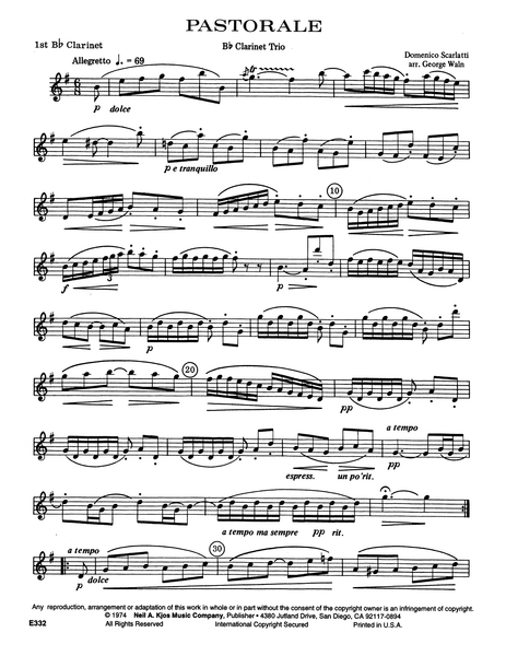 Scarlatti: Keyboard Sonata 'Pastorale,' K. 9 for 3 clarinets