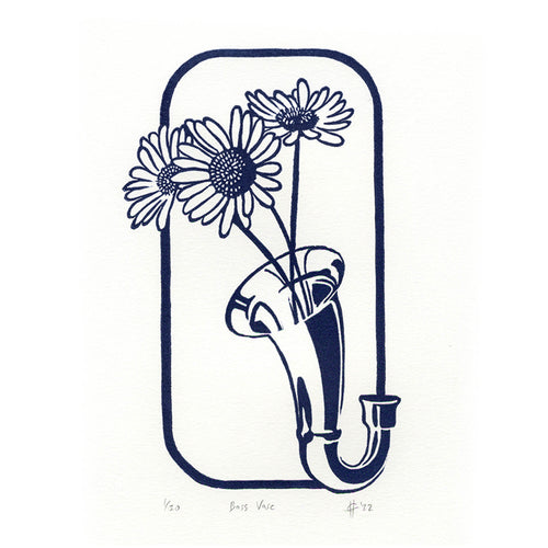 Bass Vase Clarinet Linocut Art Print 