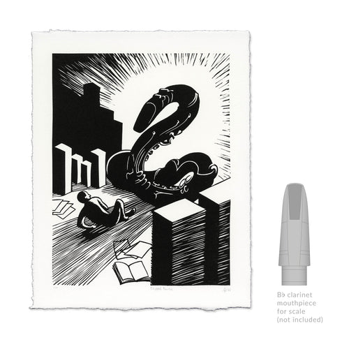 Skipped Practice Clarinet Linocut Art Print size comparison