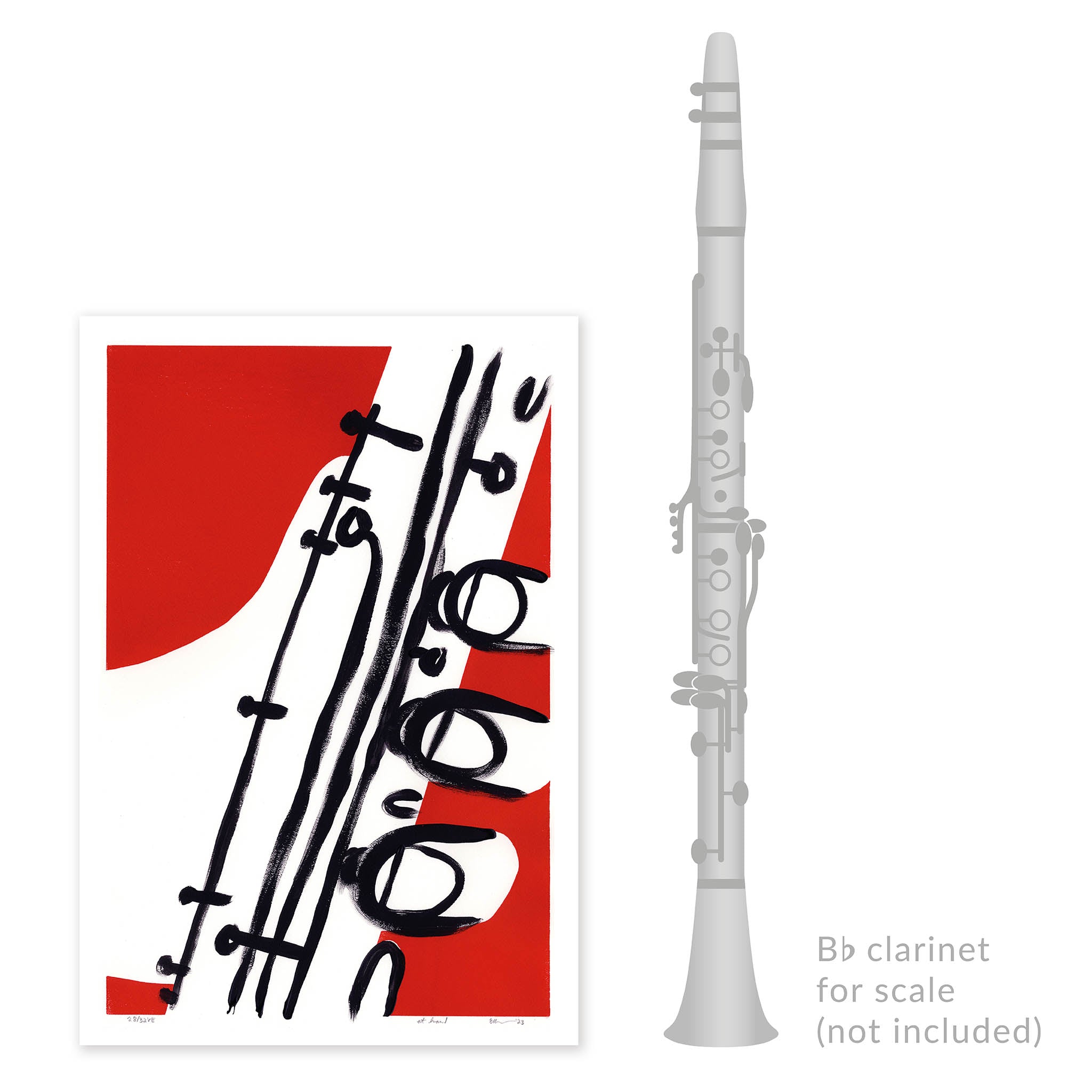 Elliot Keeler at hand clarinet linocut art print size comparison
