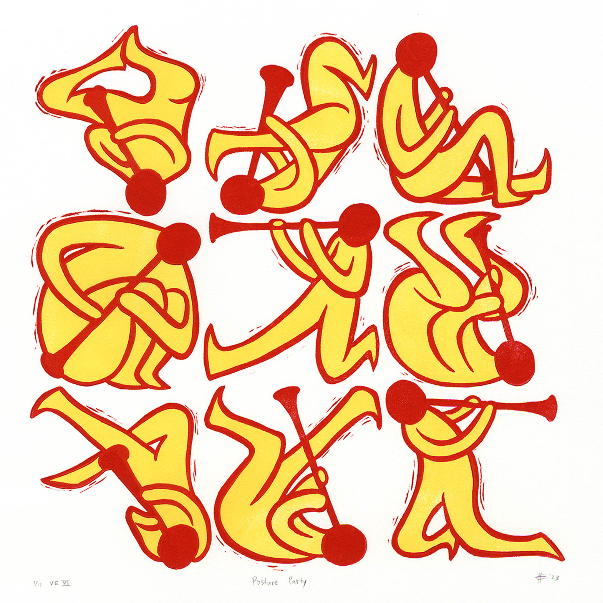 Posture Party Clarinet Linocut Art Print Cheeseburger (red and yellow)