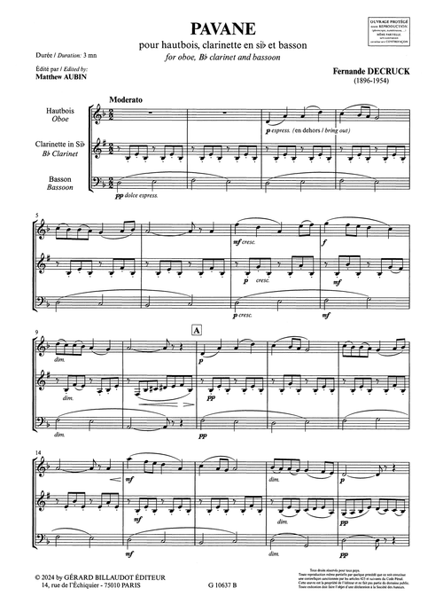 Decruck Pavane reed trio oboe clarinet bassoon score