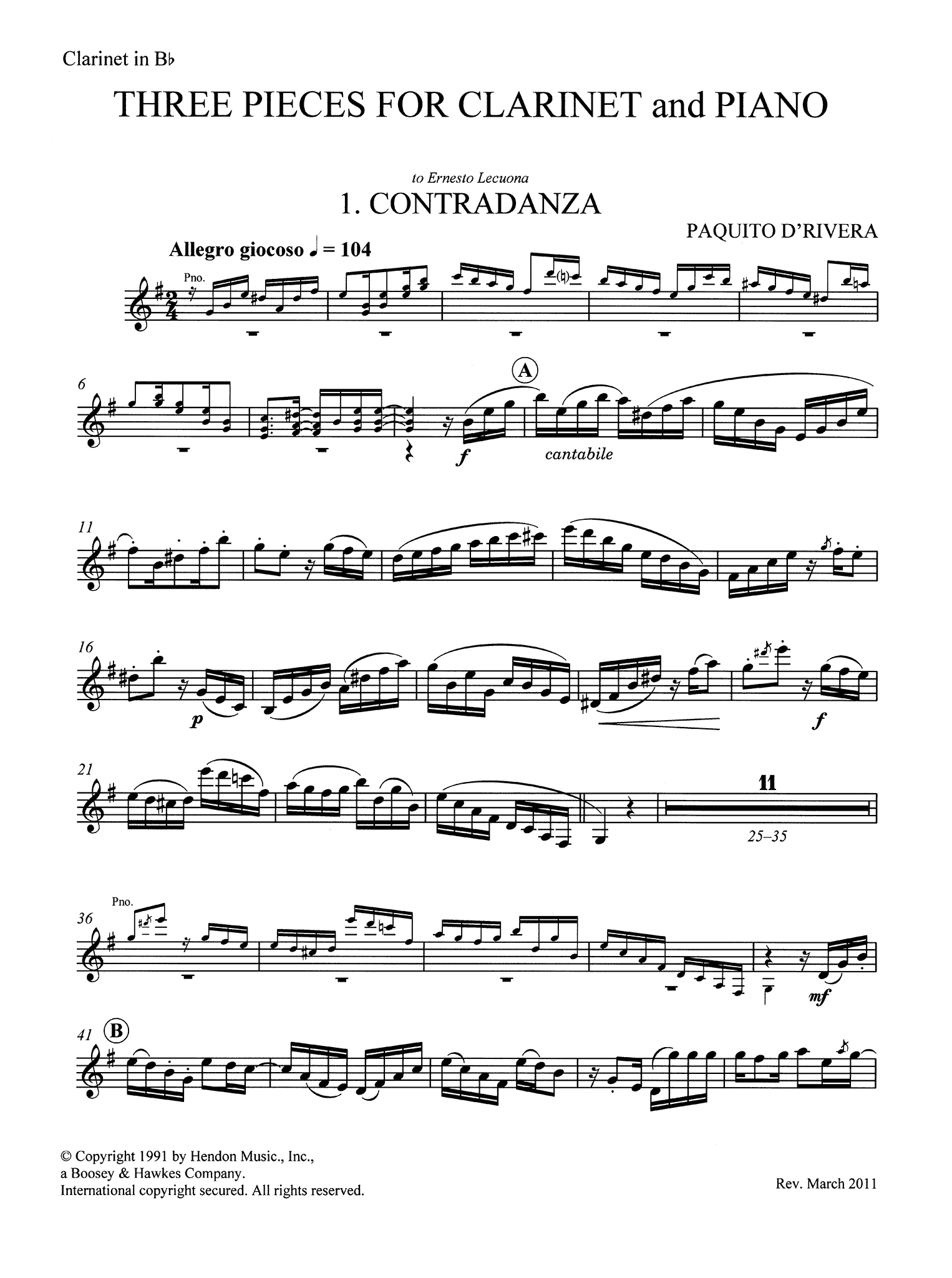 D’Rivera, Paquito Three Pieces for & Piano CAMco CAMco