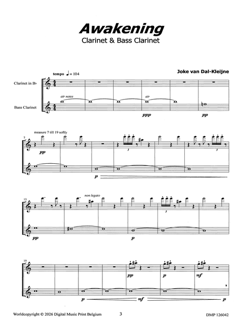 Joke van Dal-Kleijne Awakening B-flat and bass clarinet duet page 1