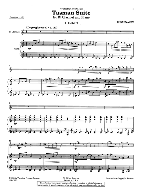 Ewazen Tasman Suite clarinet piano - Movement 1