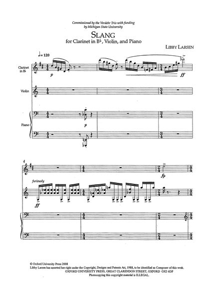 Larsen, Libby: Slang, for Clarinet, Violin & Piano Trio | CAMco – CAMco ...
