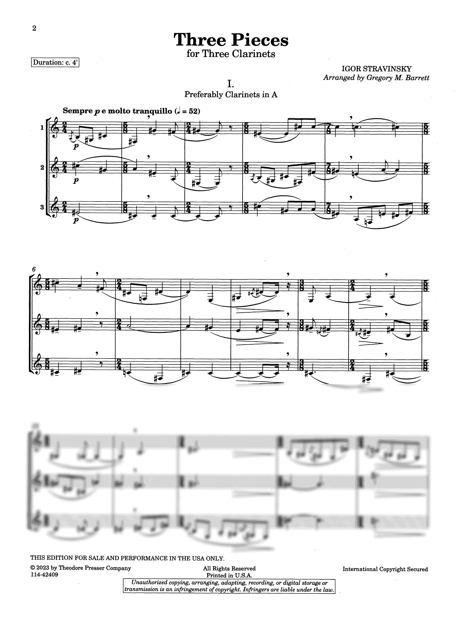Stravinsky Three Pieces arranged for 3 Clarinets Barrett - Movement 1