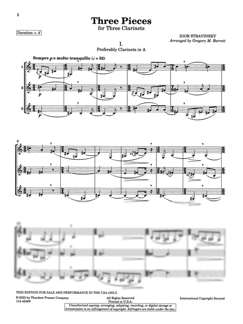 Stravinsky Three Pieces arranged for 3 Clarinets Barrett - Movement 1