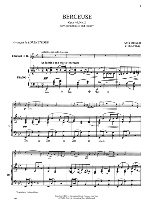 Amy Beach Berceuse, Op. 40 No. 2 clarinet piano arrangement score
