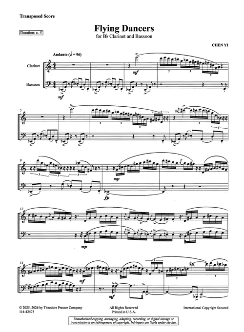 Chen Yi Flying Dancers clarinet bassoon duet score