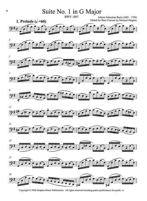 Bach Cello Suites transcribed bass clarinet Drapkin - Suite No. 1