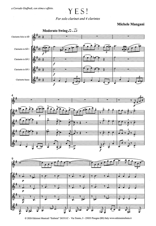 Mangani Yes! clarinet with quartet accompaniment score