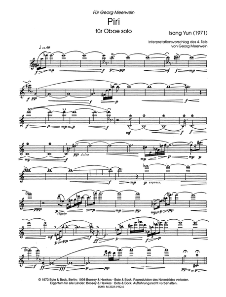 Yun, Isang: Piri, for unaccompanied oboe (or clarinet) | CAMco – CAMco ...