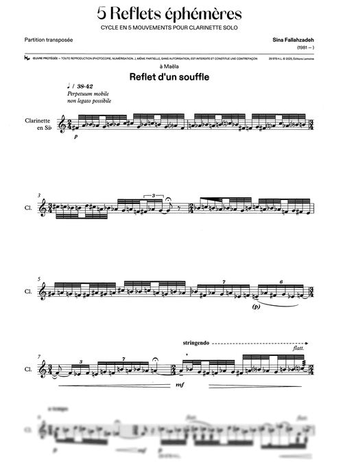 Fallahzadeh 5 reflets éphémères clarinet unaccompanied - Movement 1