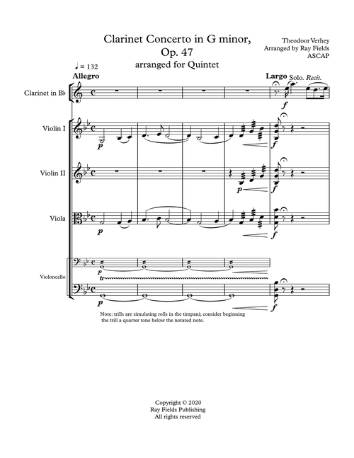 Verhey Clarinet Concerto, Op. 47 arranged for clarinet quintet by Ray Fields - Movement 1