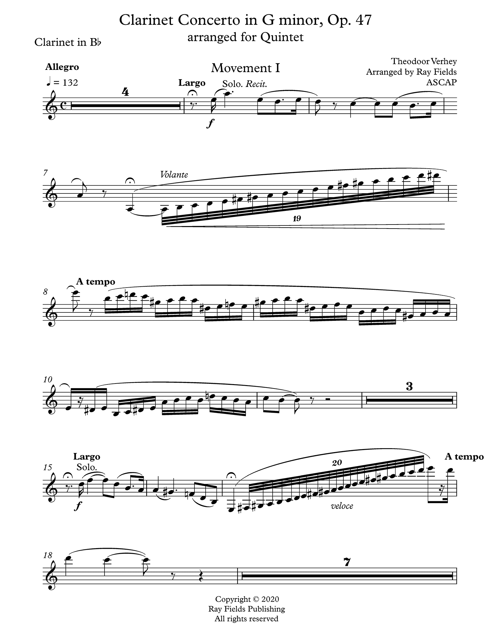Verhey Clarinet Concerto, Op. 47 arranged for clarinet quintet by Ray Fields solo part