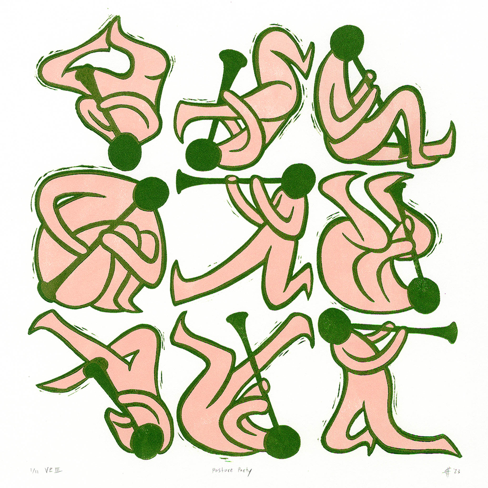 Posture Party Clarinet Linocut Art Print Melon (green and pink)