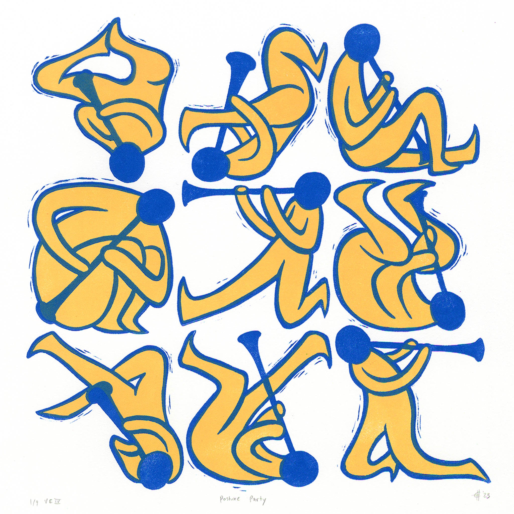 Posture Party Clarinet Linocut Art Print Sherbert (blue and orange)