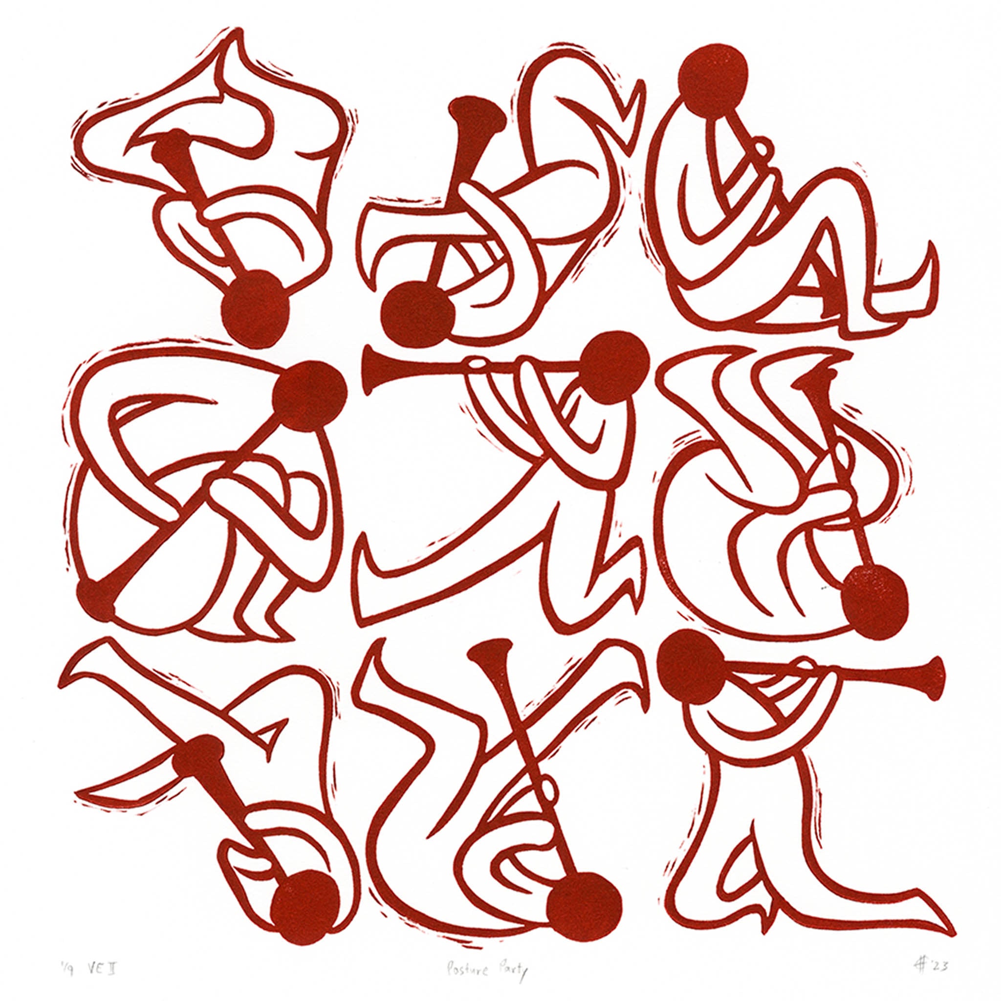 Posture Party Clarinet Linocut Art Print Red