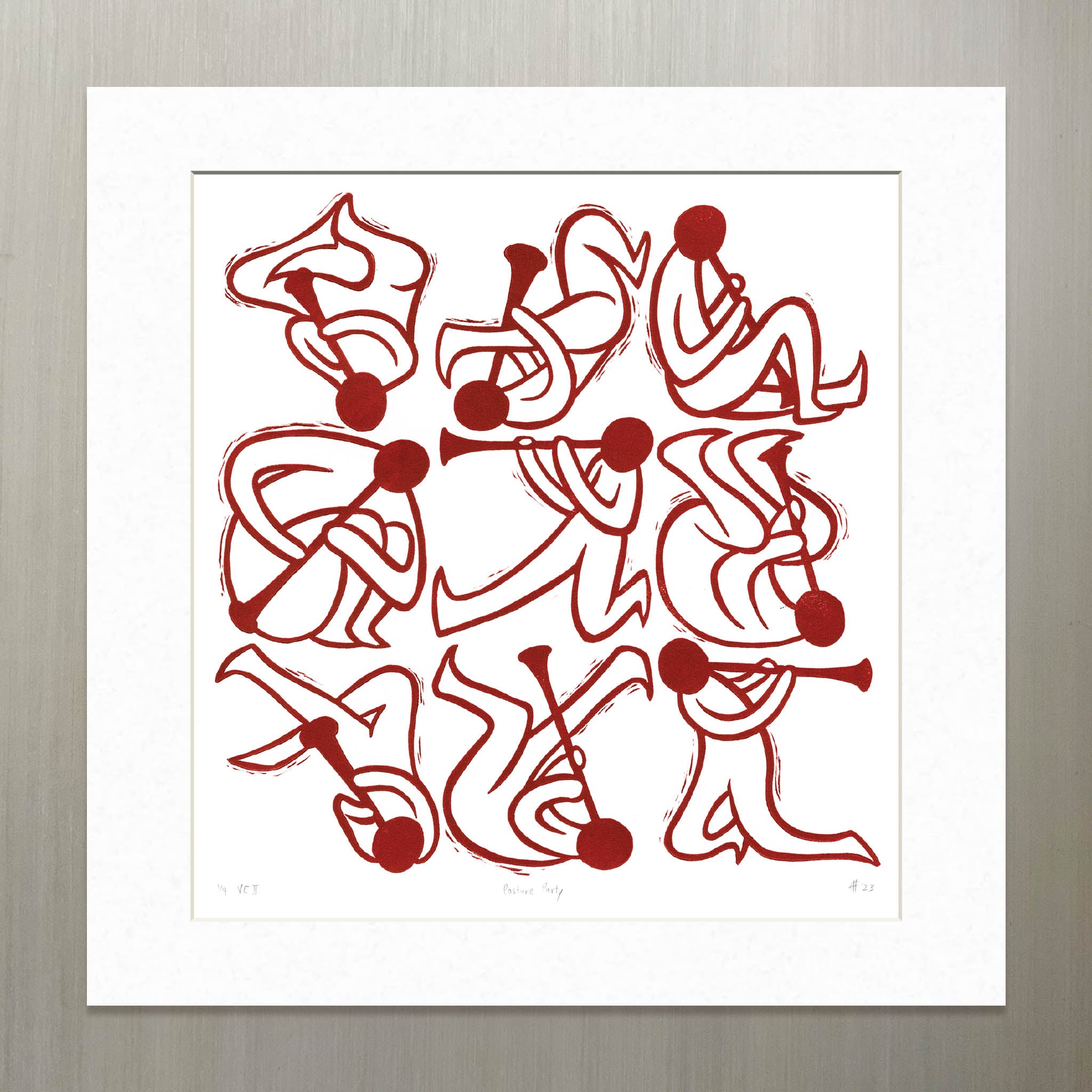 Posture Party Clarinet Linocut Art Print red mat
