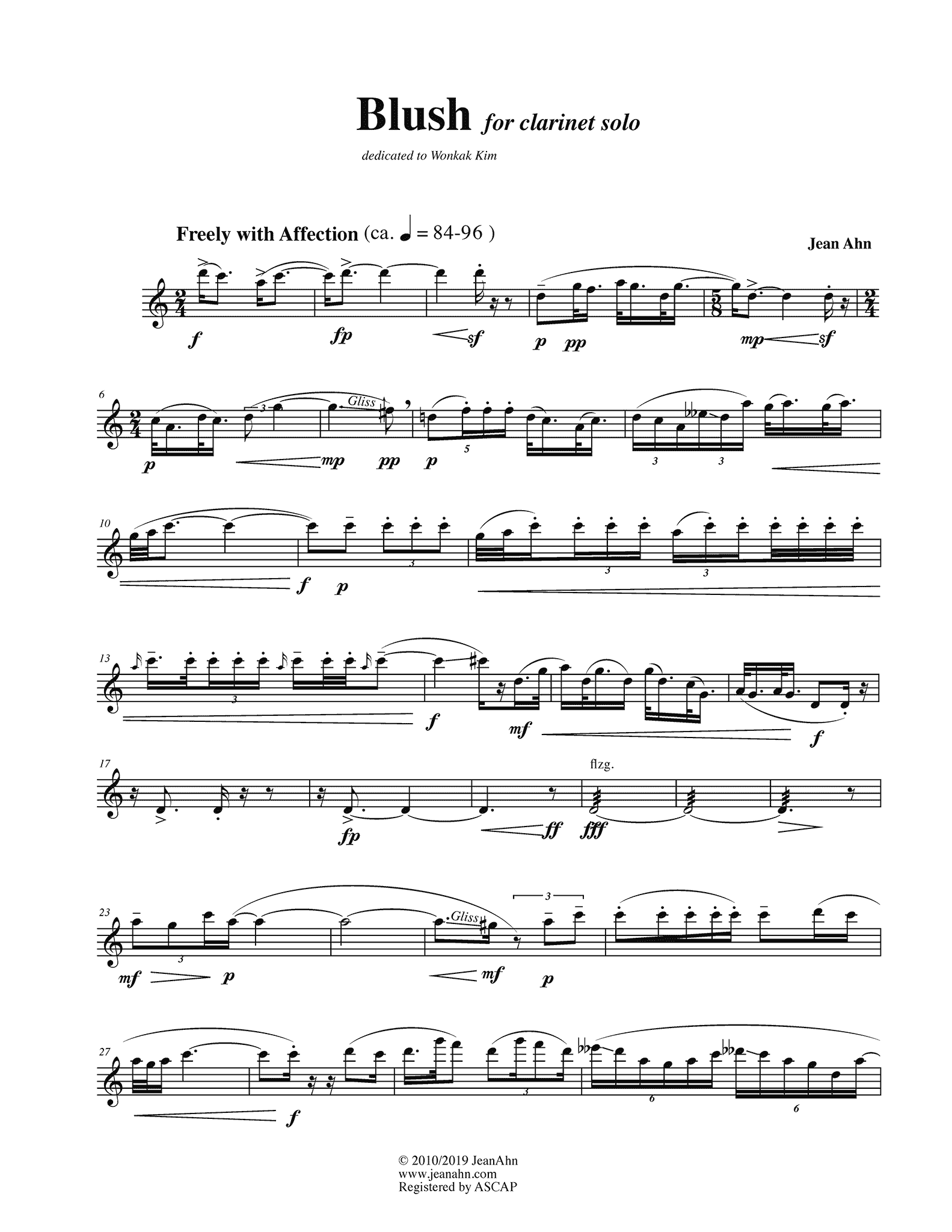 Jean Ahn Blush for unaccompanied clarinet page 1