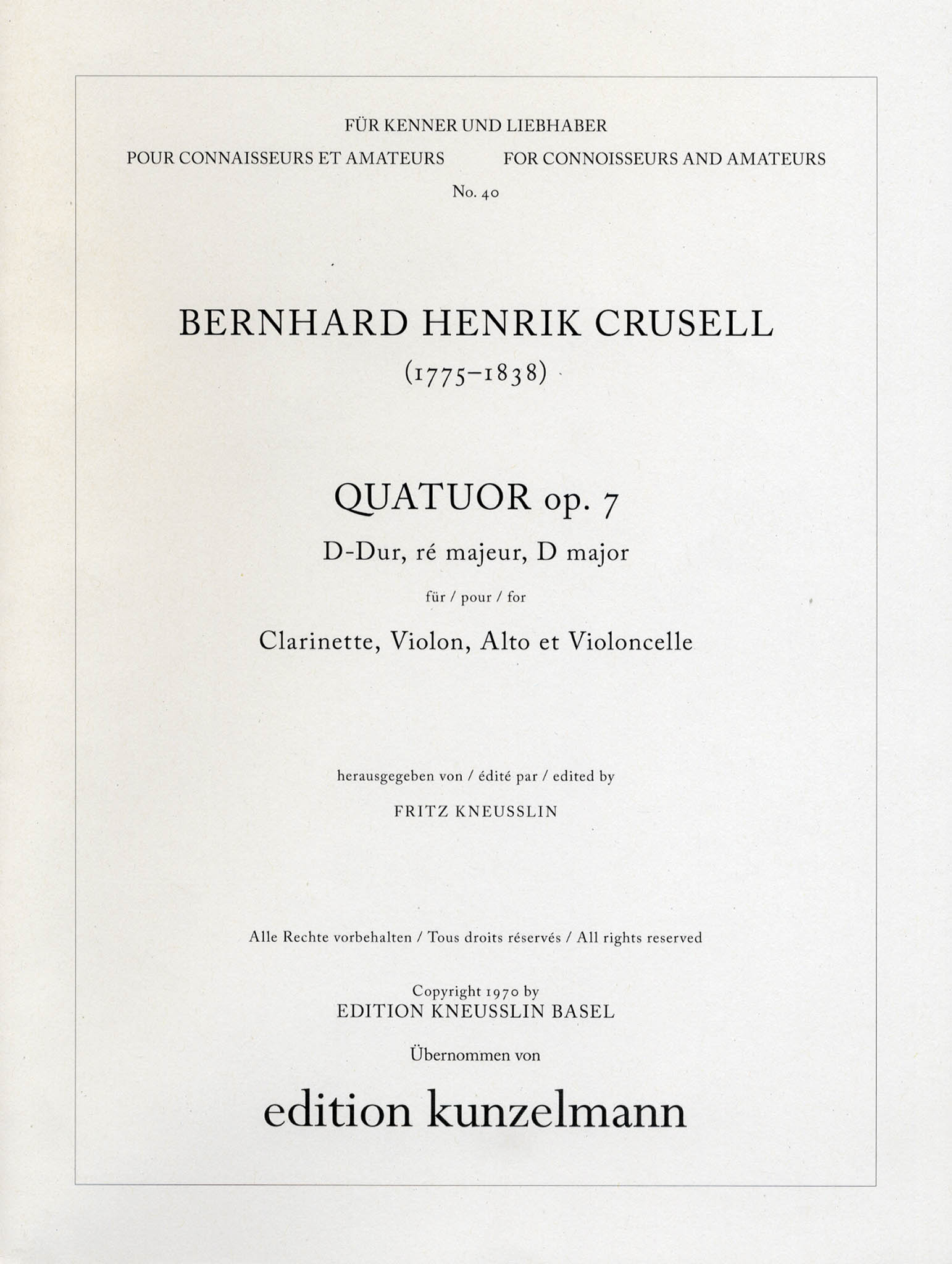 Clarinet Quartet No. 3 in D Major, Op. 7 Cover