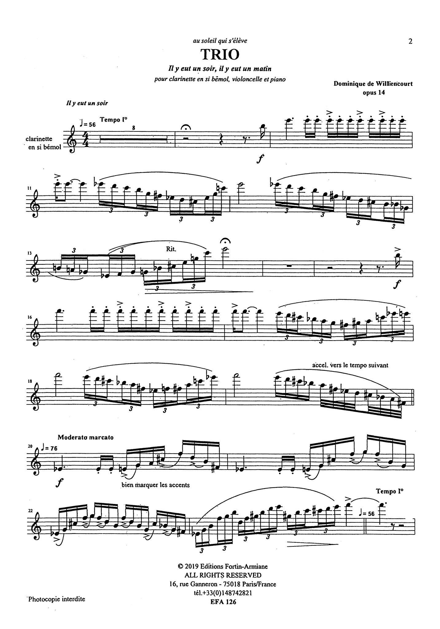Dominique de Williencourt Trio, Op. 14 clarinet cello piano solo part