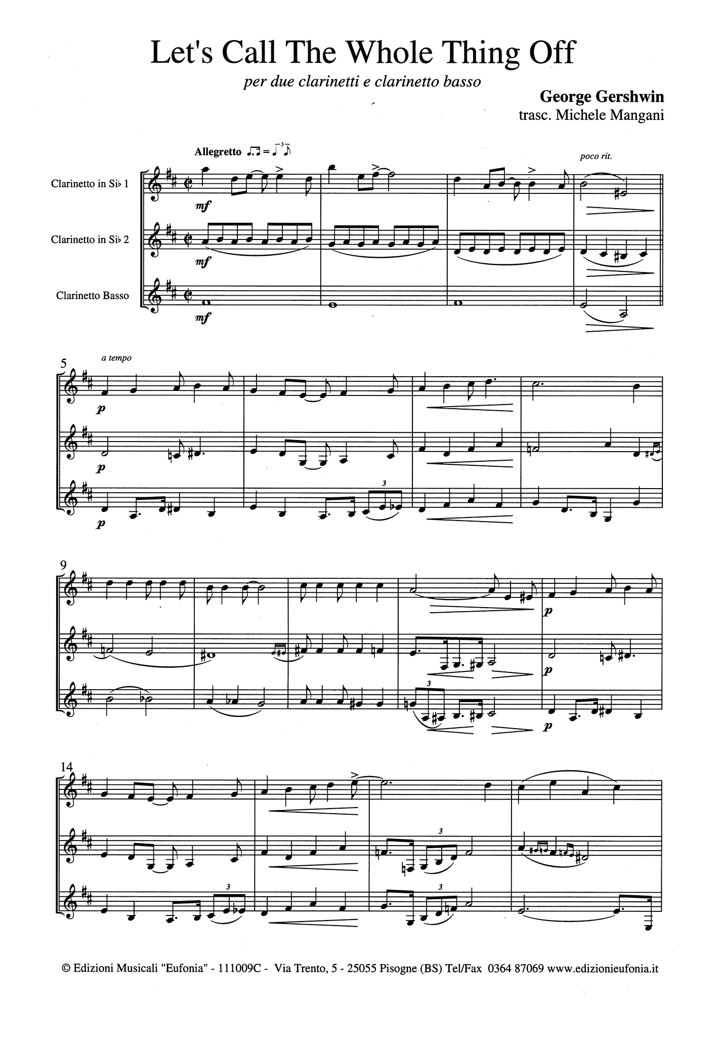 Gershwin Let’s Call the Whole Thing Off clarinet trio arrangement score