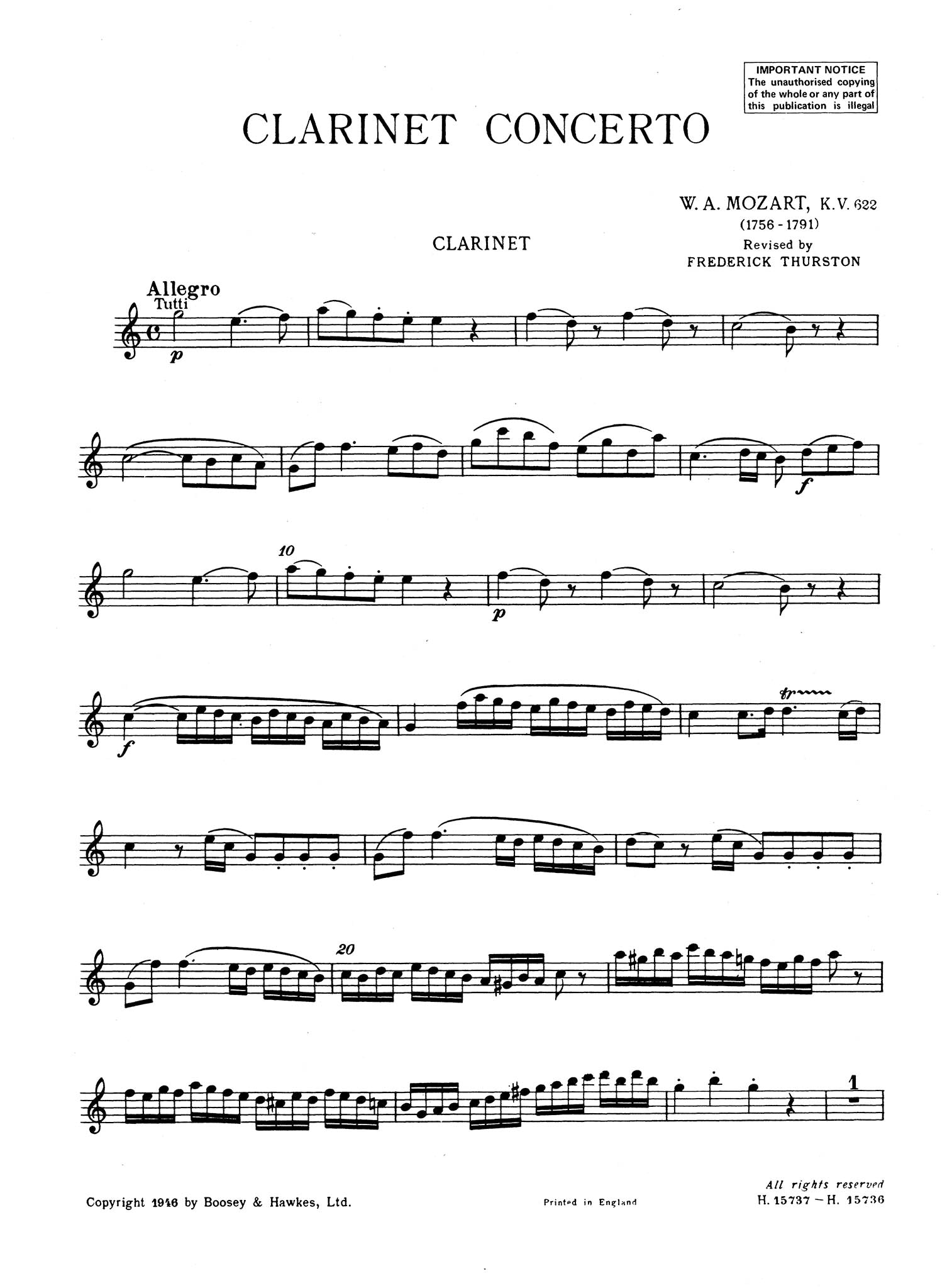  Clarinet Concerto in A Major, K. 622 Clarinet part