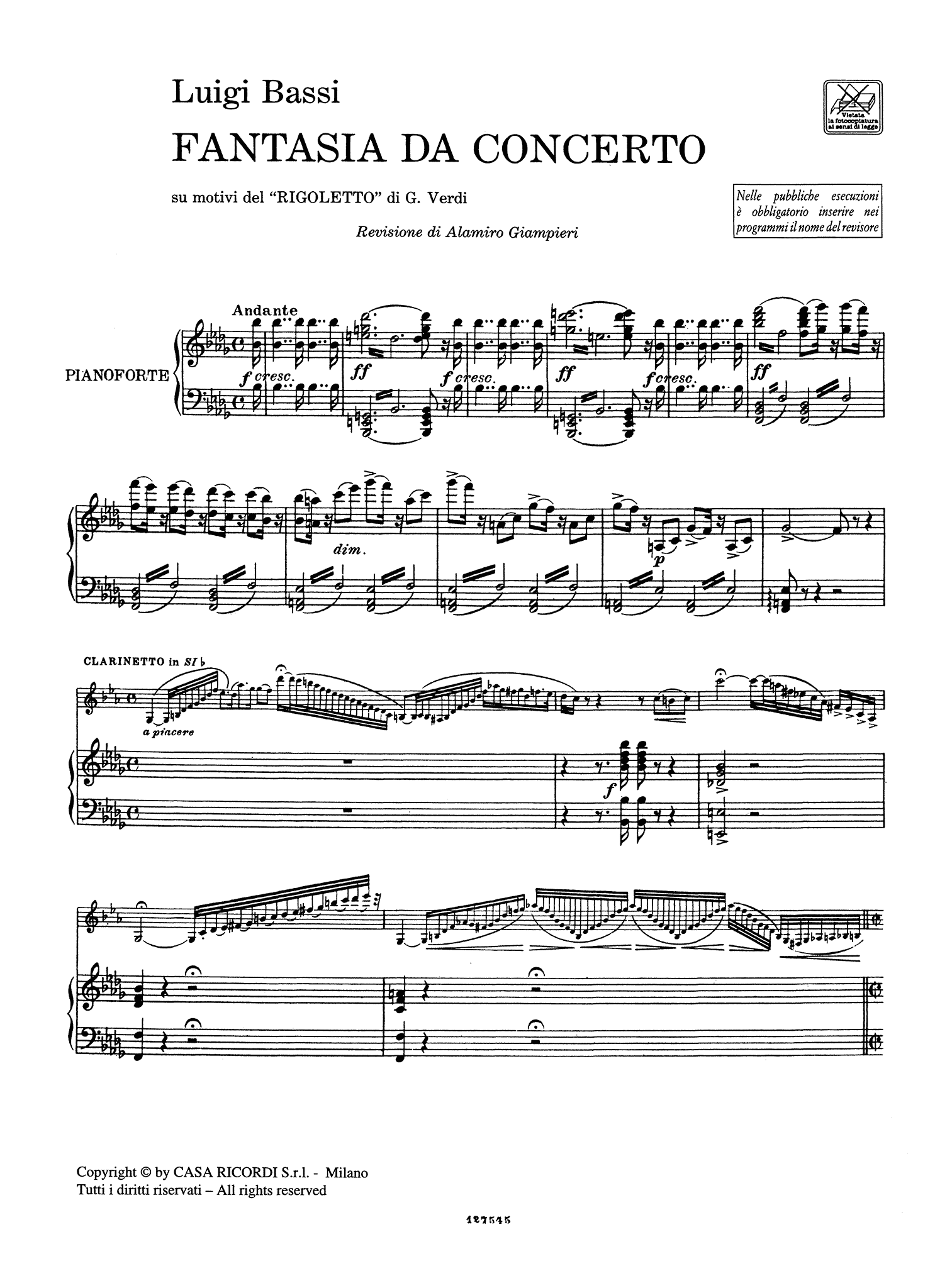 Bassi Verdi Rigoletto Opera Fantasy Score
