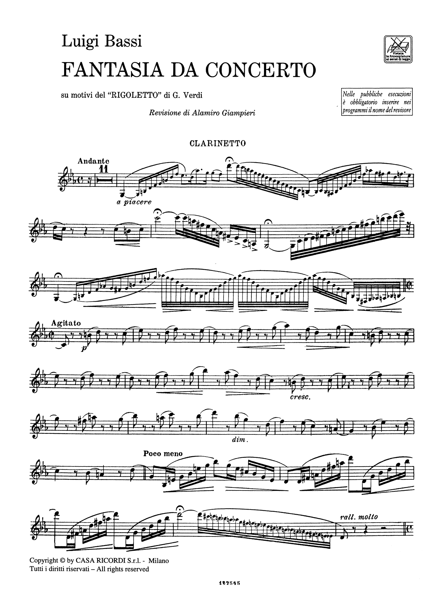 Bassi Verdi Rigoletto Opera Fantasy Clarinet part