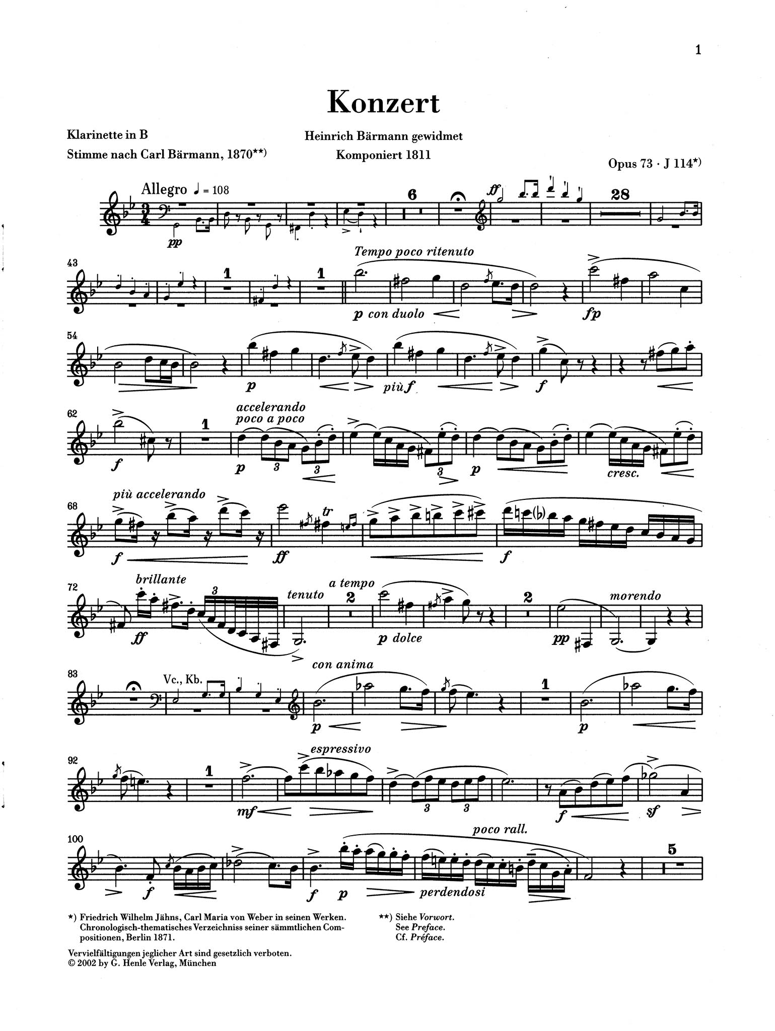 Clarinet Concerto No. 1 in F Minor, Op. 73 Baermann Clarinet part
