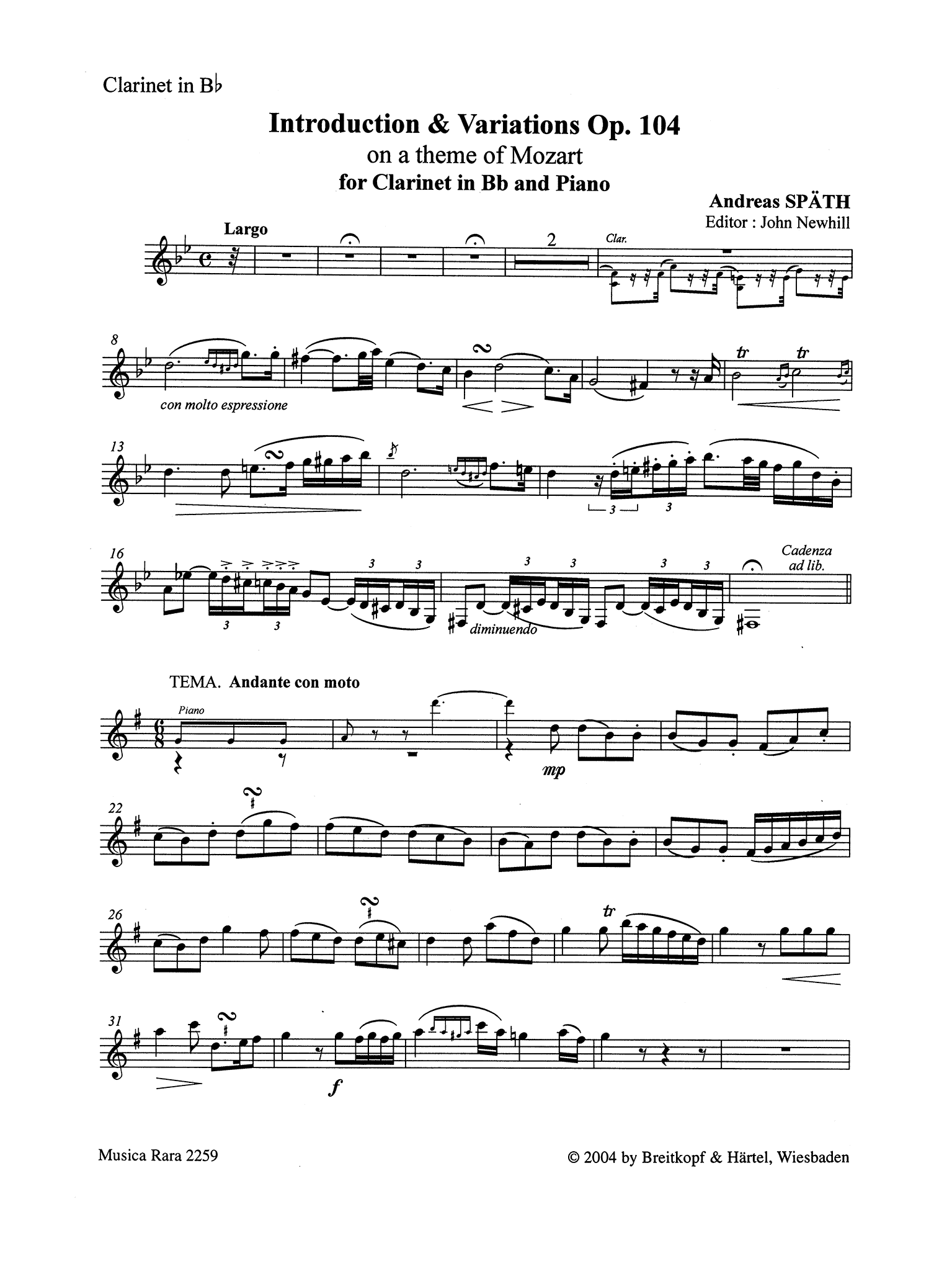 Spaeth Introduction & Variations on Mozart Magic Flute Theme Op. 104 Clarinet part