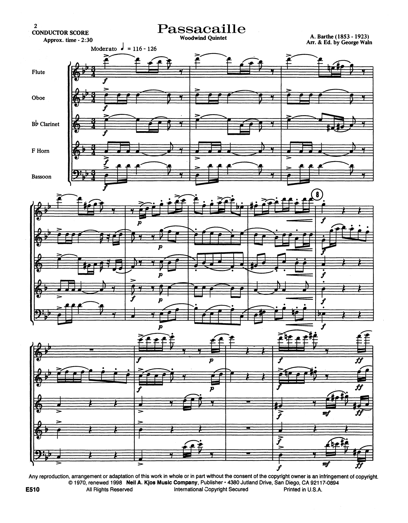 Barthe Passacaille wind quintet score